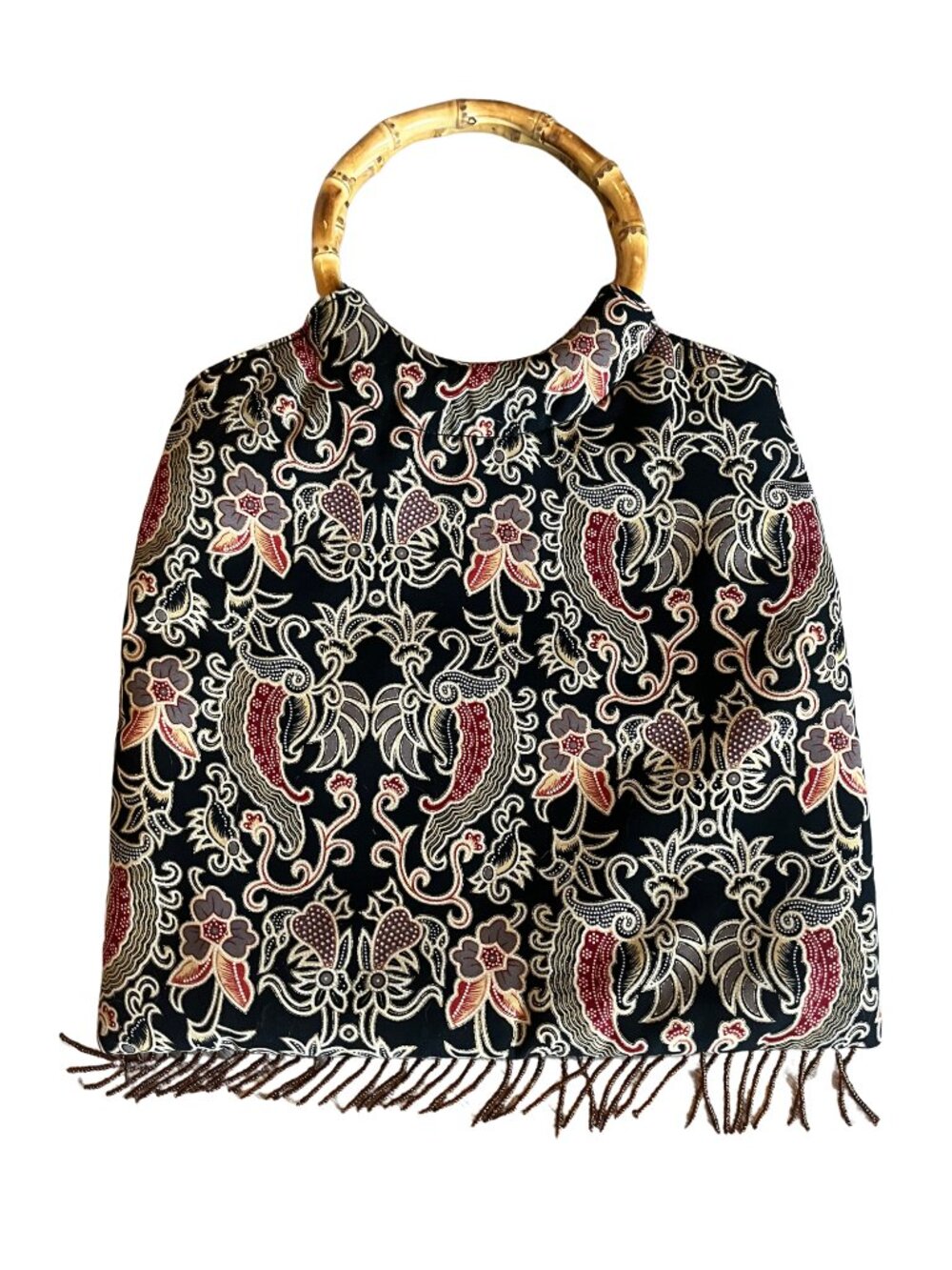 Bamboo Handle Floral Fringe Handbag